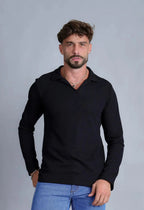 Camisa Polo Italiana Tricot Manga Longa Preta | MAGNO