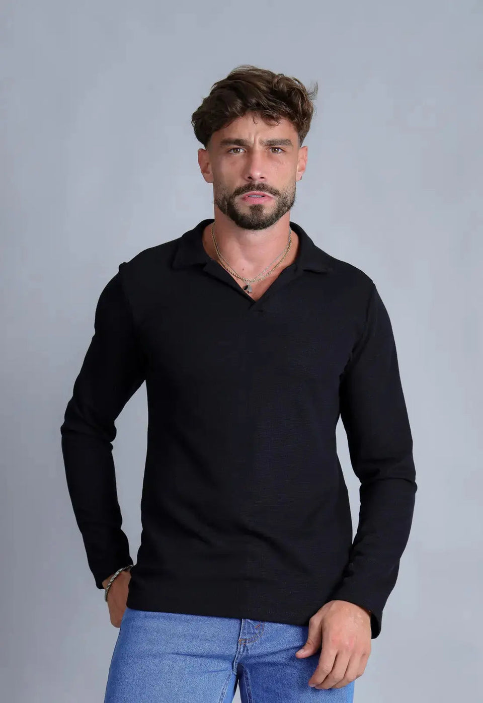 Camisa Polo Italiana Tricot Manga Longa Preta | MAGNO