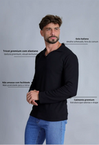Camisa Polo Italiana Tricot Manga Longa Preta | MAGNO