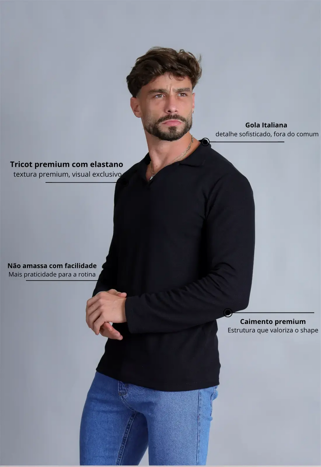 Camisa Polo Italiana Tricot Manga Longa Preta | MAGNO