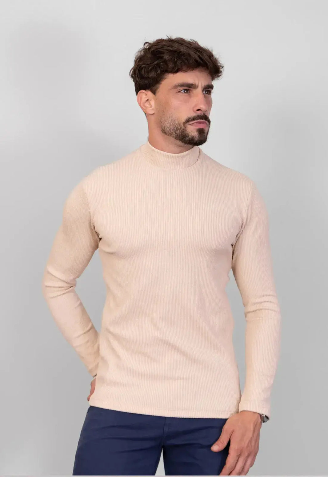 Camiseta Gola Alta Canelada Manga Longa Bege | MAGNO