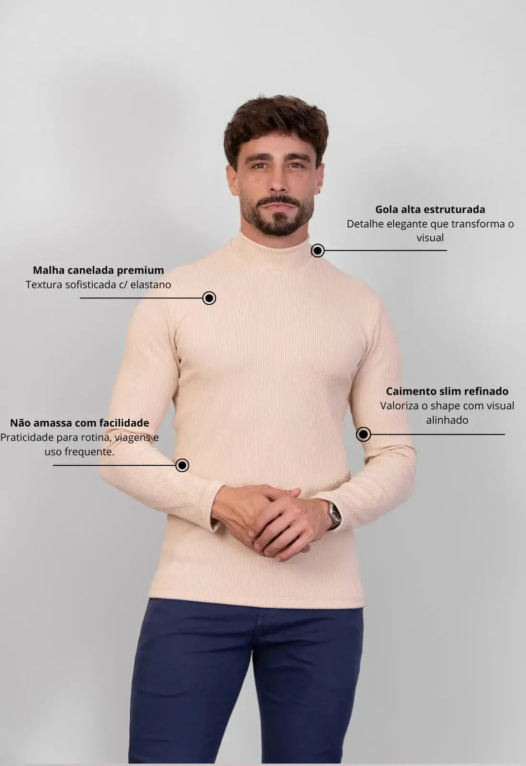 Camiseta Gola Alta Canelada Manga Longa Bege | MAGNO