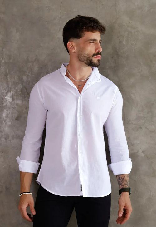 Camisa Masculina Gola Padre Tecido Leve Branca | MAGNO