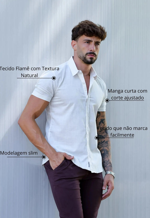Camisa Masculina Manga Curta Flame Slim Bege | MAGNO