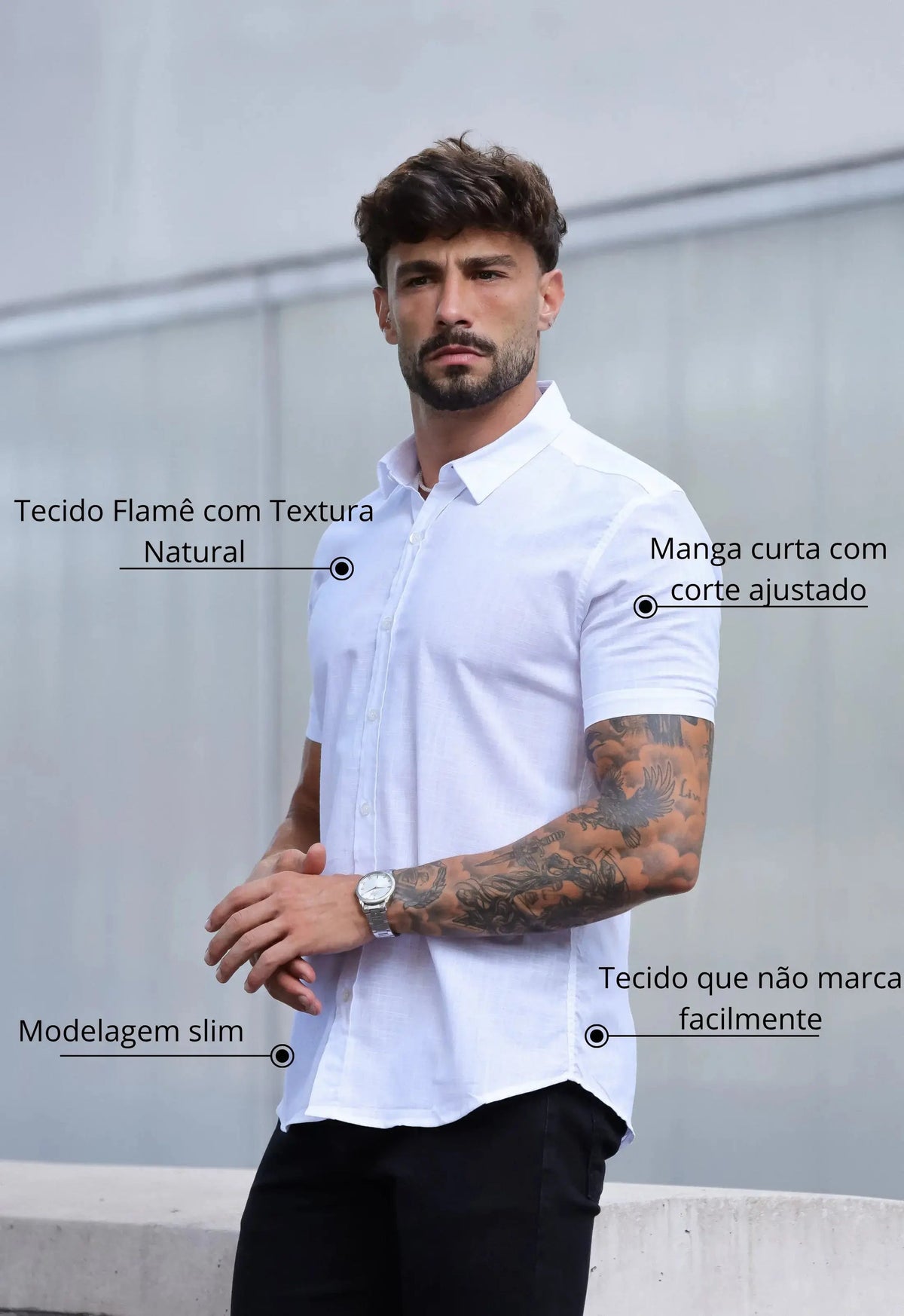 Camisa Masculina Manga Curta Flame Slim Branco | MAGNO