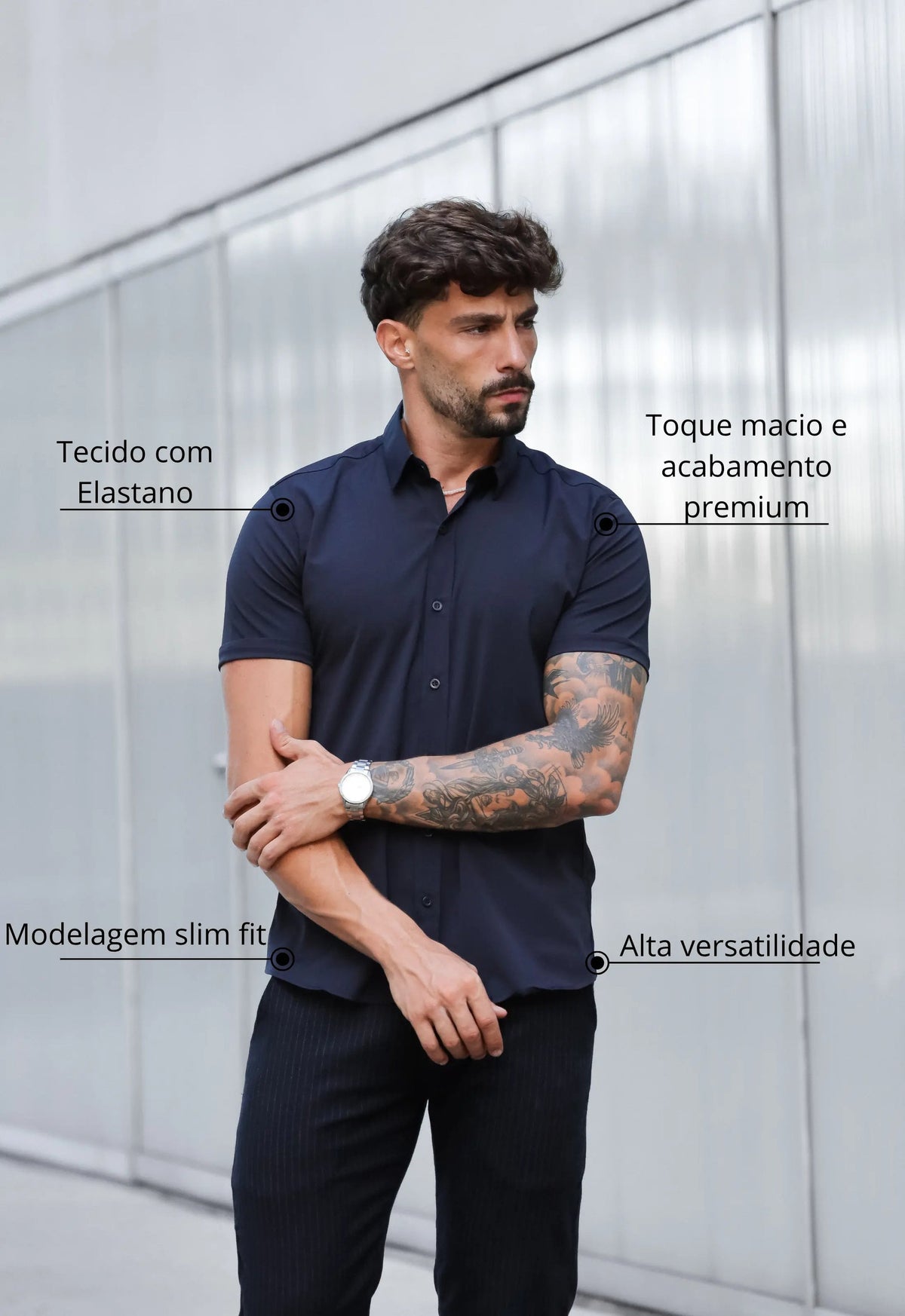 Camisa Masculina Manga Curta Slim Preta | MAGNO