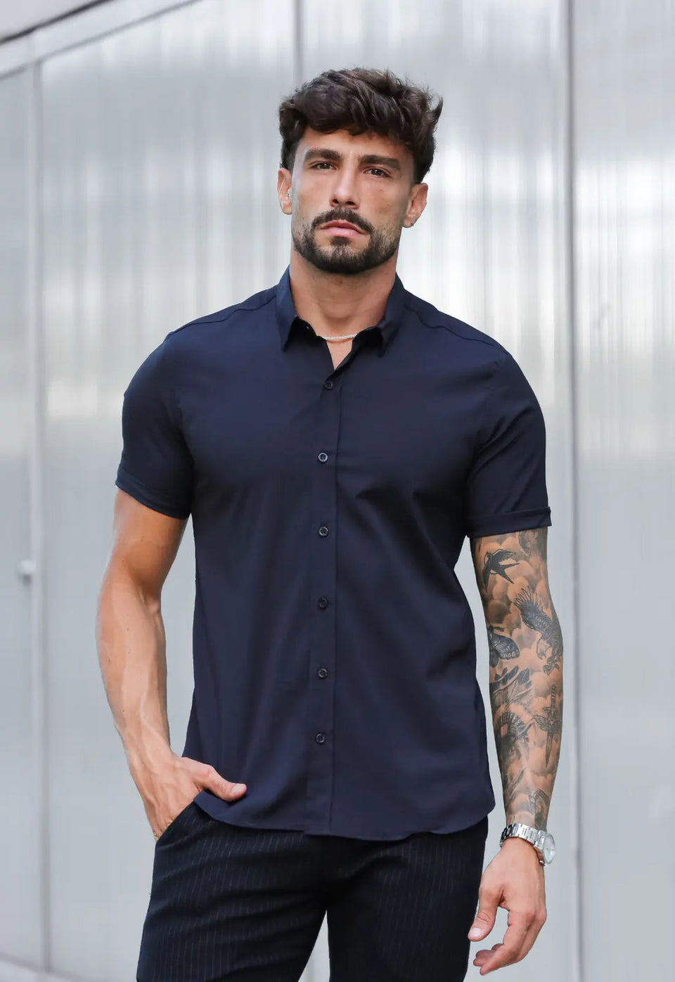 Camisa Masculina Manga Curta Slim Preta | MAGNO