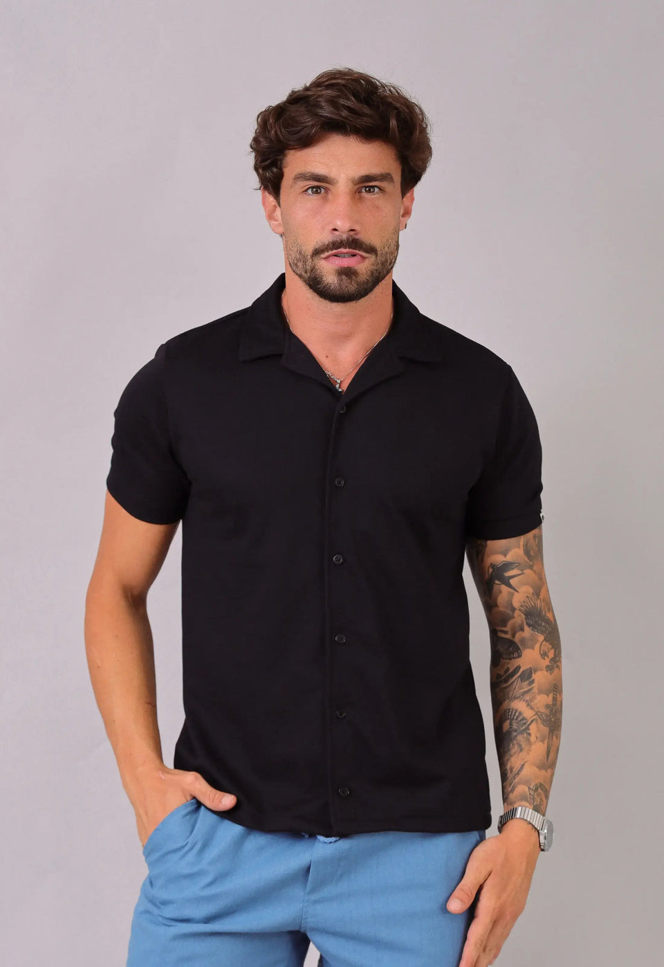 Camisa Masculina Slim Canelada Preta | MAGNO