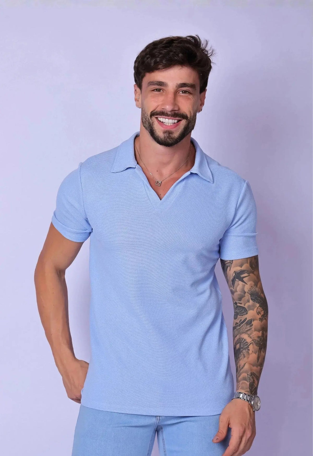 Camisa Polo Italiana Tricot Azul Claro | MAGNO