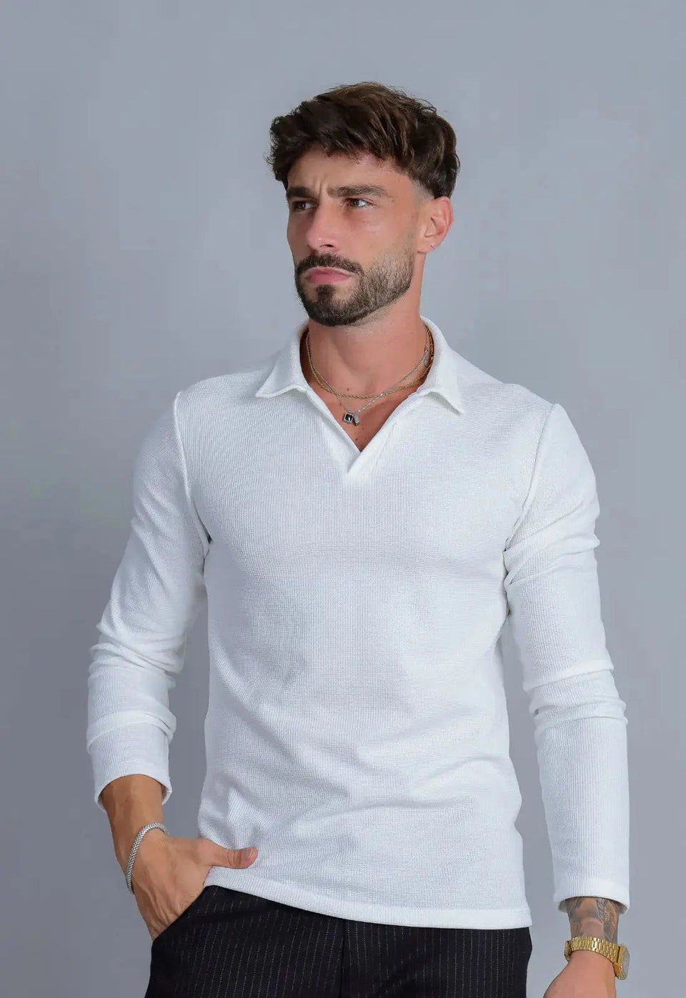 Camisa Polo Italiana Tricot Manga Longa Branca | MAGNO