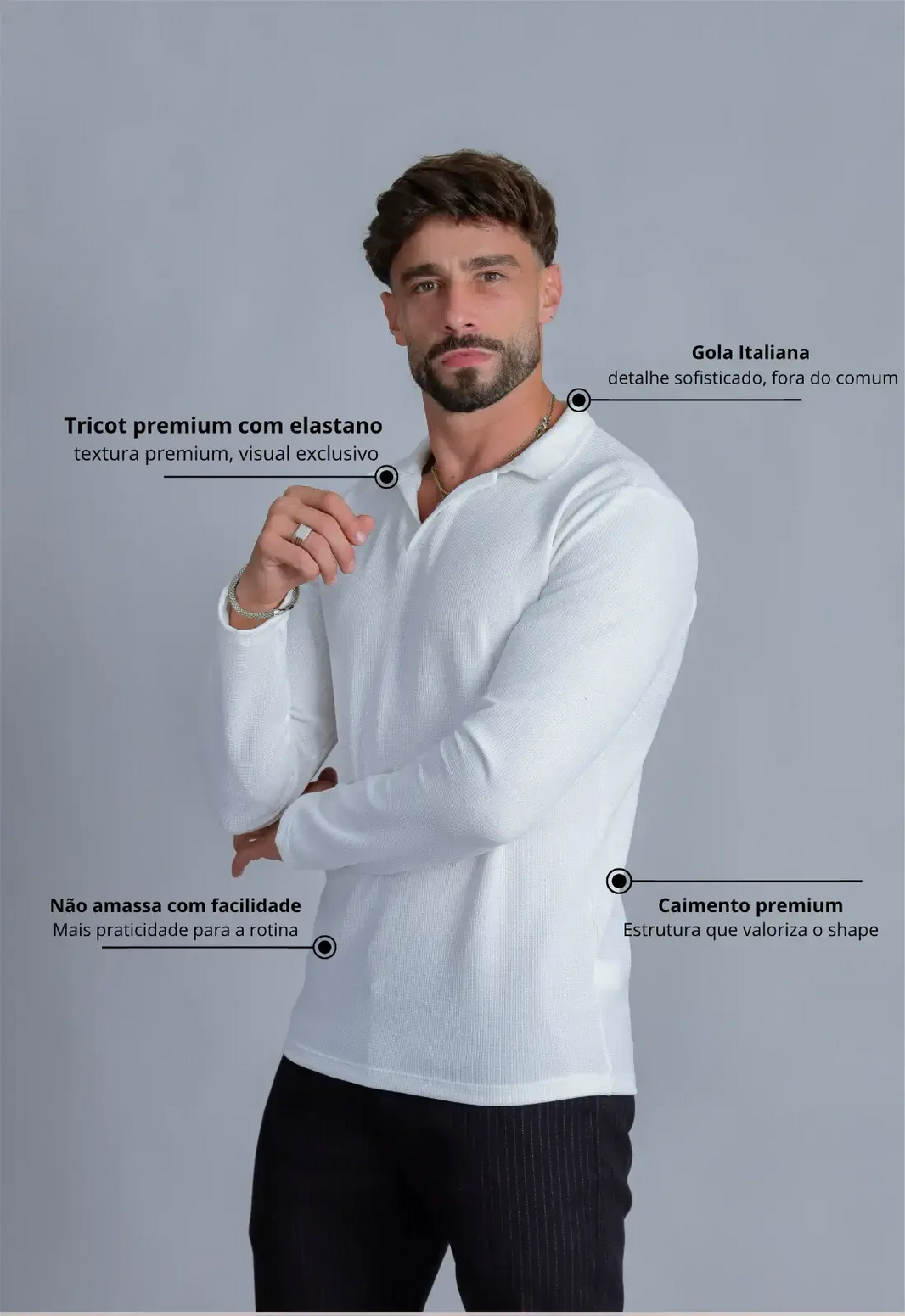 Camisa Polo Italiana Tricot Manga Longa Branca | MAGNO