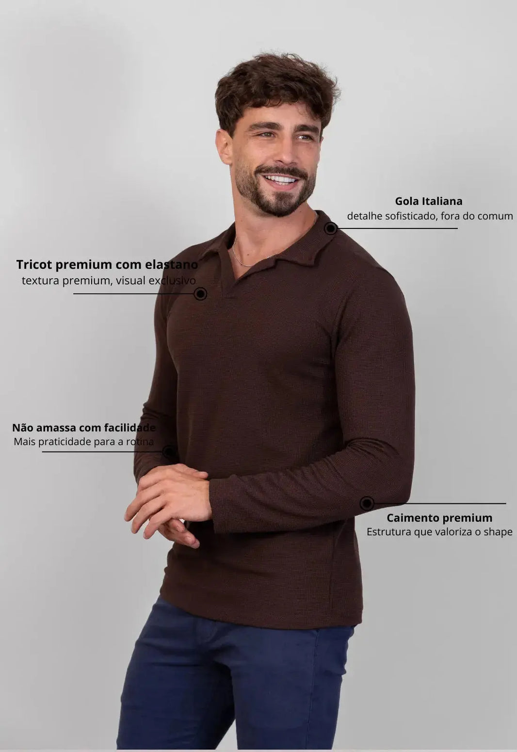 Camisa Polo Italiana Tricot Manga Longa Marrom | MAGNO