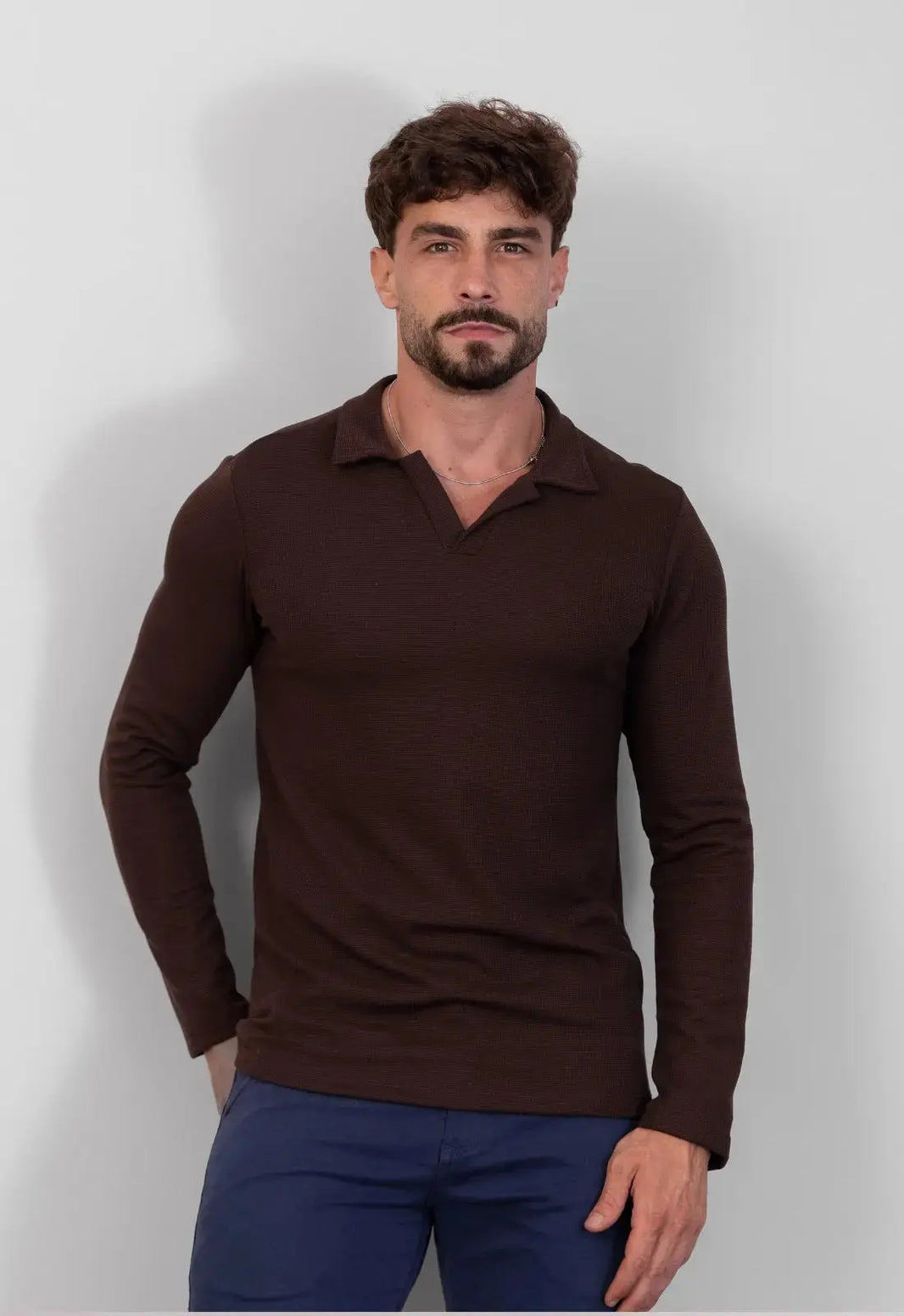 Camisa Polo Italiana Tricot Manga Longa Marrom | MAGNO