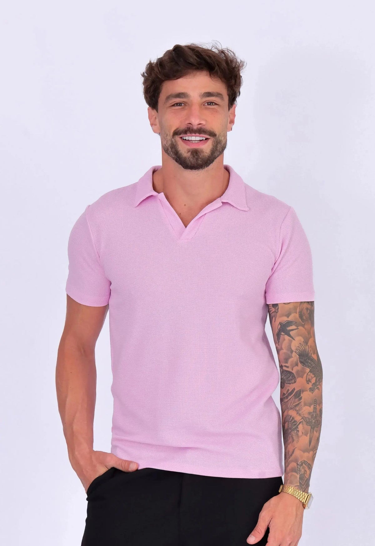 Camisa Polo Italiana Tricot Rosa Claro | MAGNO