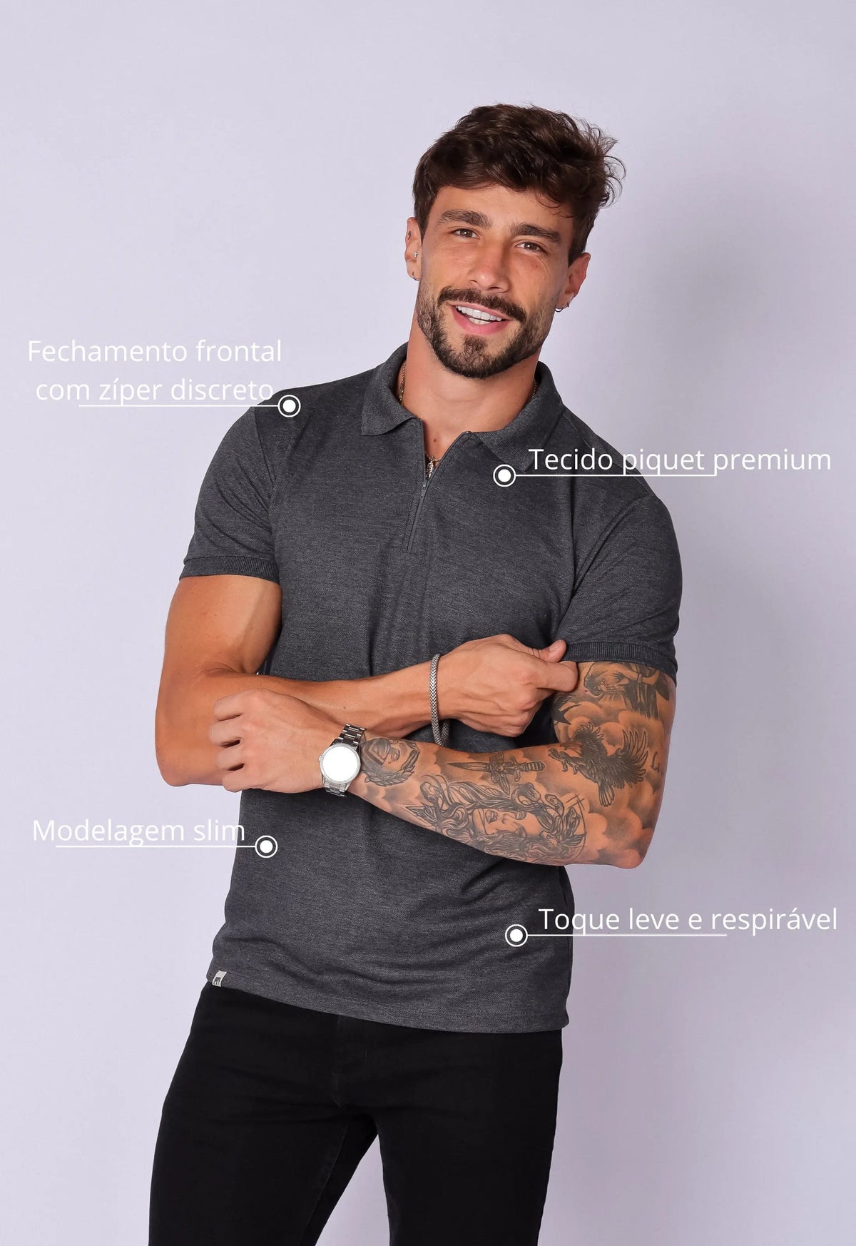 Camisa Polo Ziper Chumbo | MAGNO