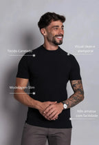 Camiseta Canelada Gola Média Preta | MAGNO