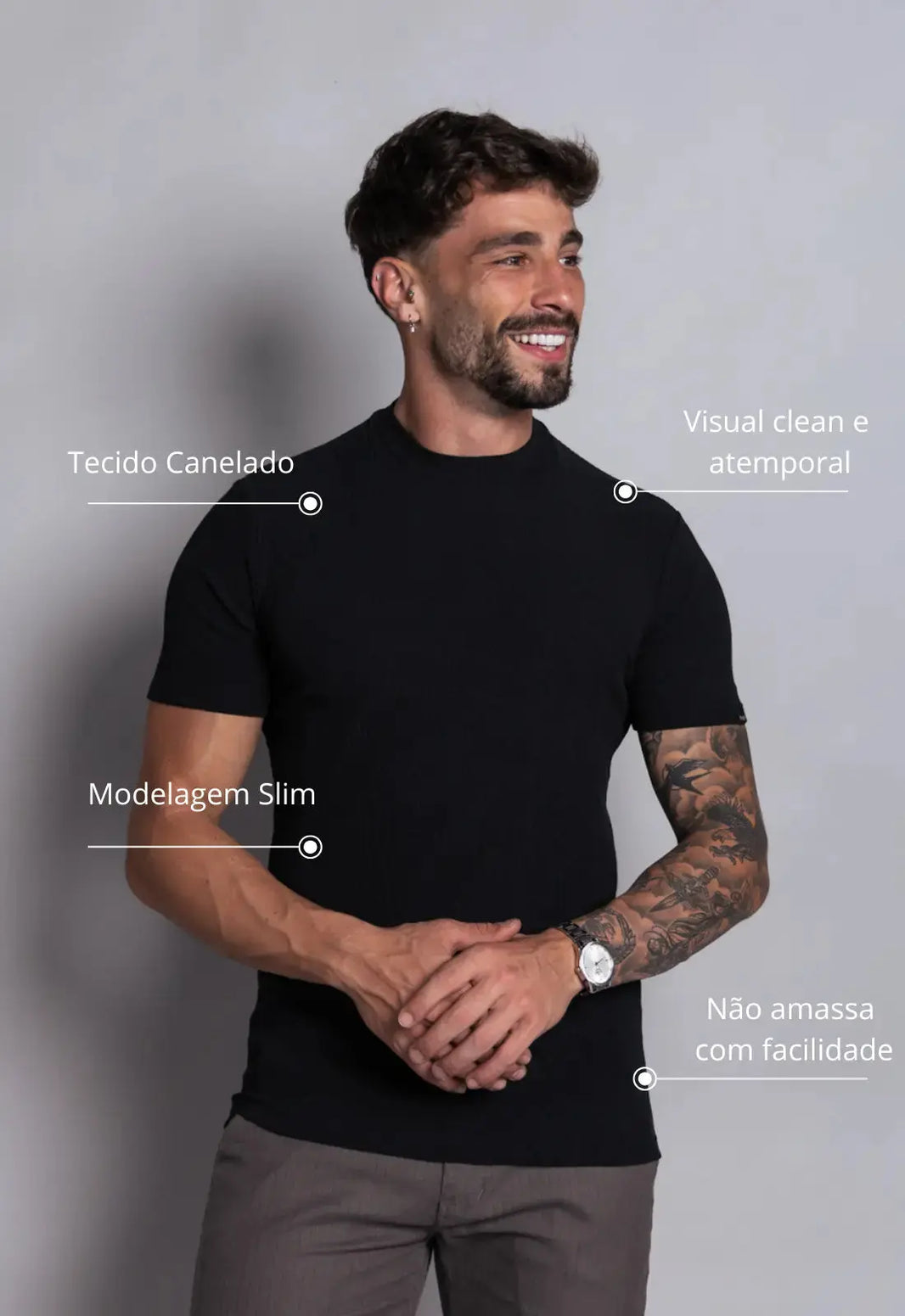 Camiseta Canelada Gola Média Preta | MAGNO