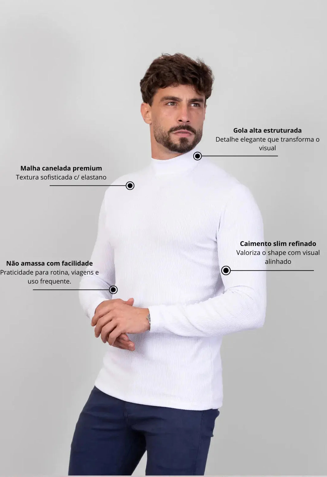 Camiseta Gola Alta Canelada Manga Longa Branco | MAGNO