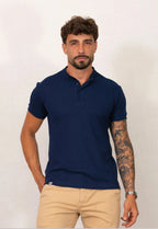 Camiseta Henley Slim Tricot com Elastano Azul Marinho | MAGNO