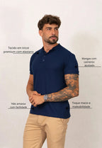 Camiseta Henley Slim Tricot com Elastano Azul Marinho | MAGNO