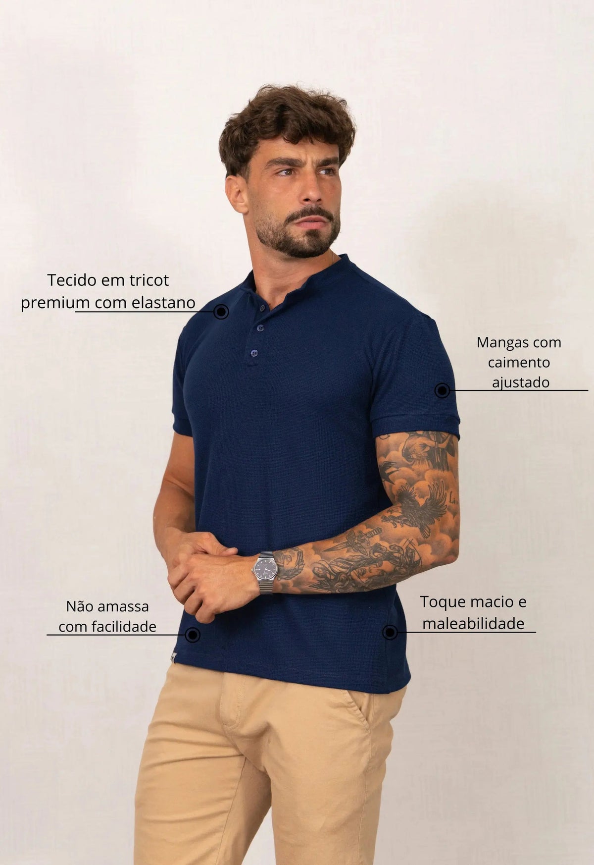 Camiseta Henley Slim Tricot com Elastano Azul Marinho | MAGNO