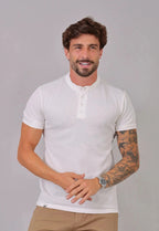 Camiseta Henley Slim Tricot com Elastano Branca | MAGNO