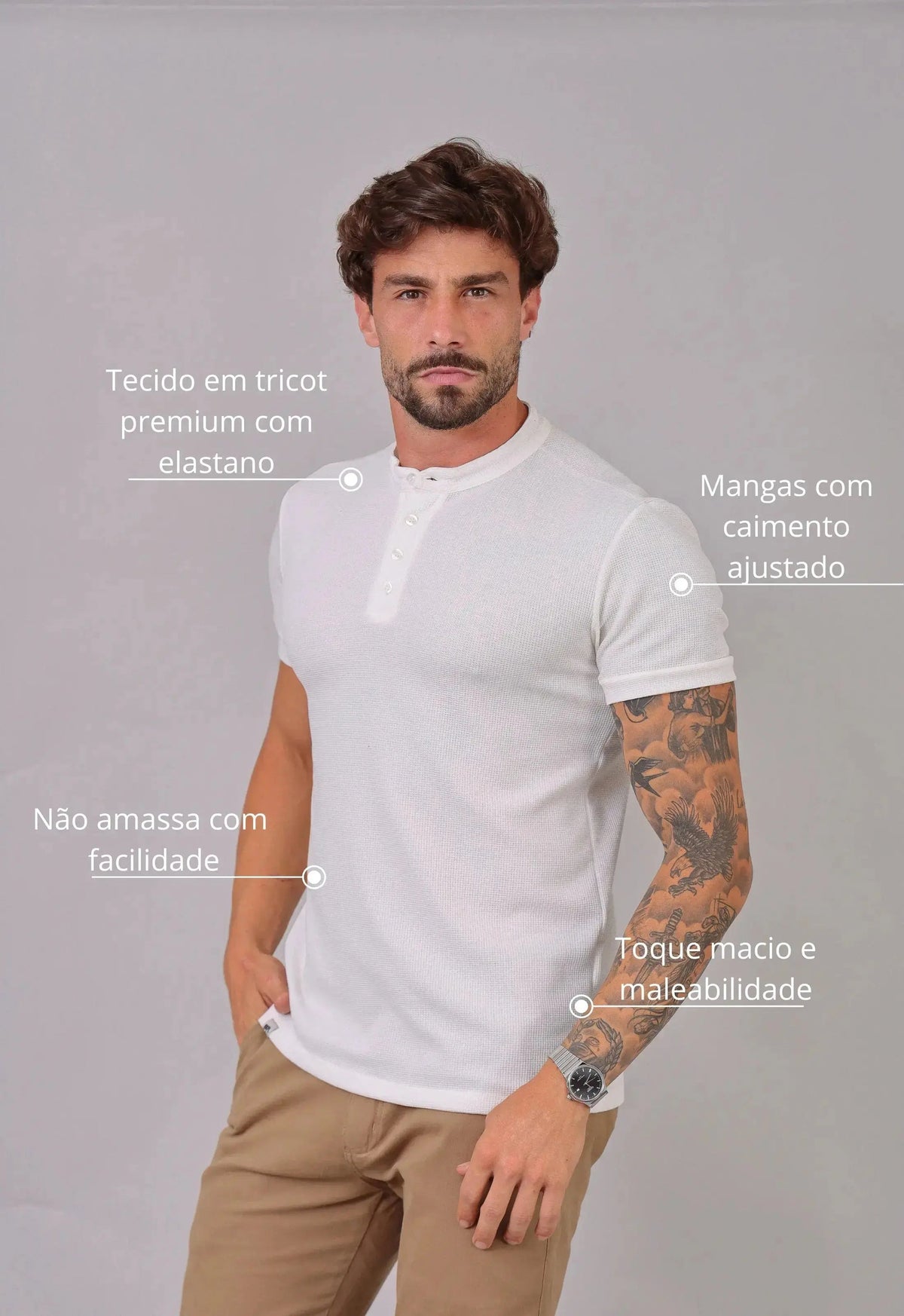 Camiseta Henley Slim Tricot com Elastano Branca | MAGNO