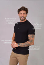 Camiseta Henley Slim Tricot com Elastano Preta | MAGNO