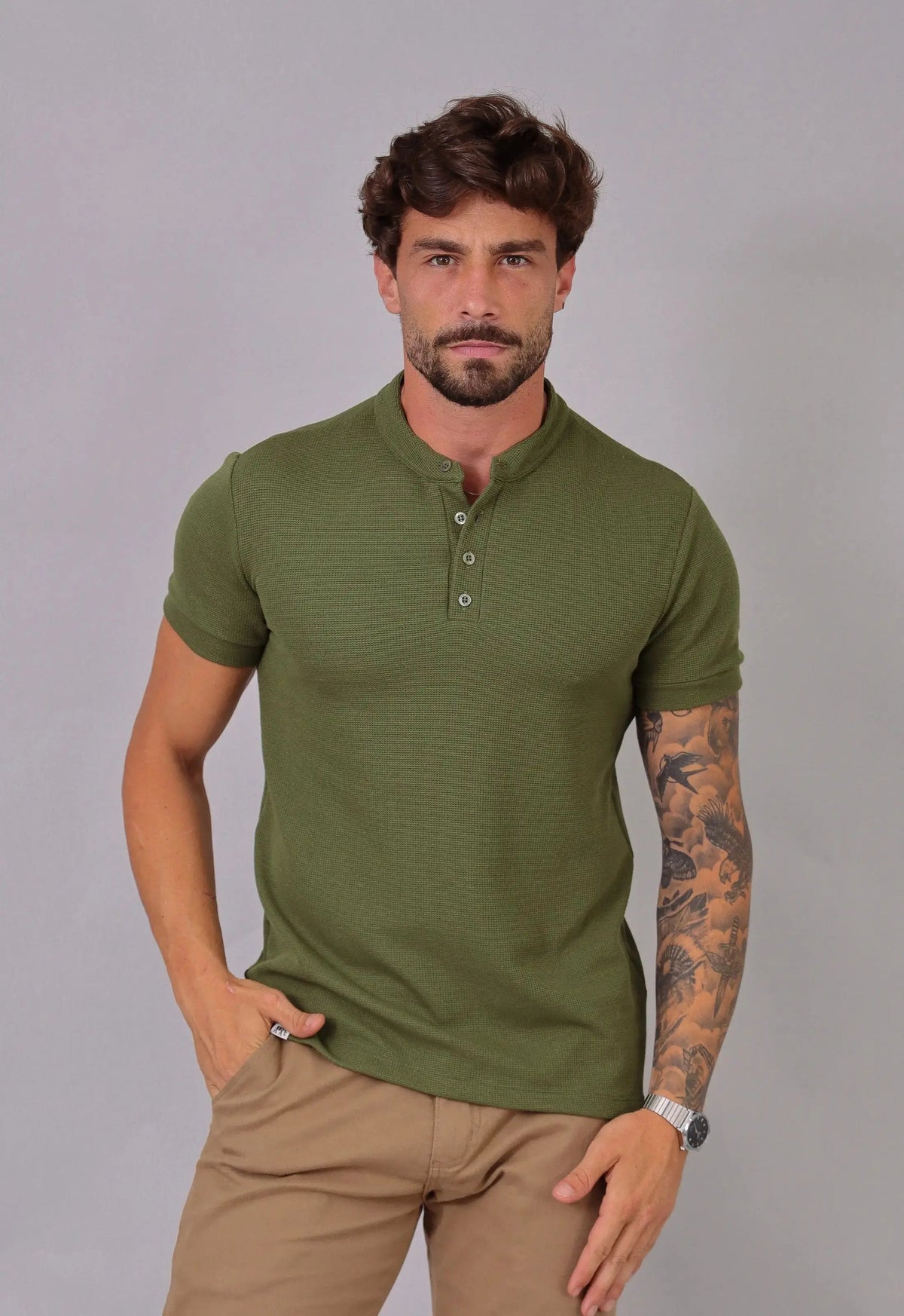 Camiseta Henley Slim Tricot com Elastano Verde | MAGNO