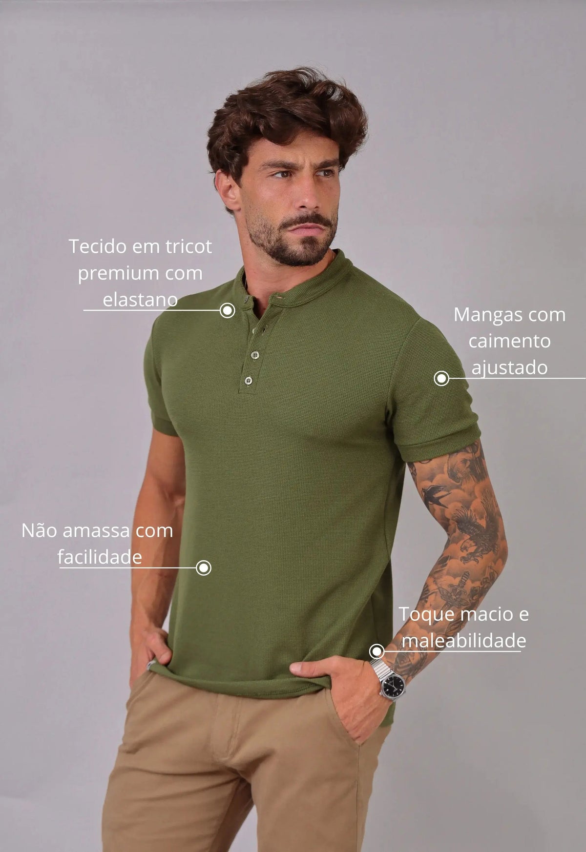 Camiseta Henley Slim Tricot com Elastano Verde | MAGNO