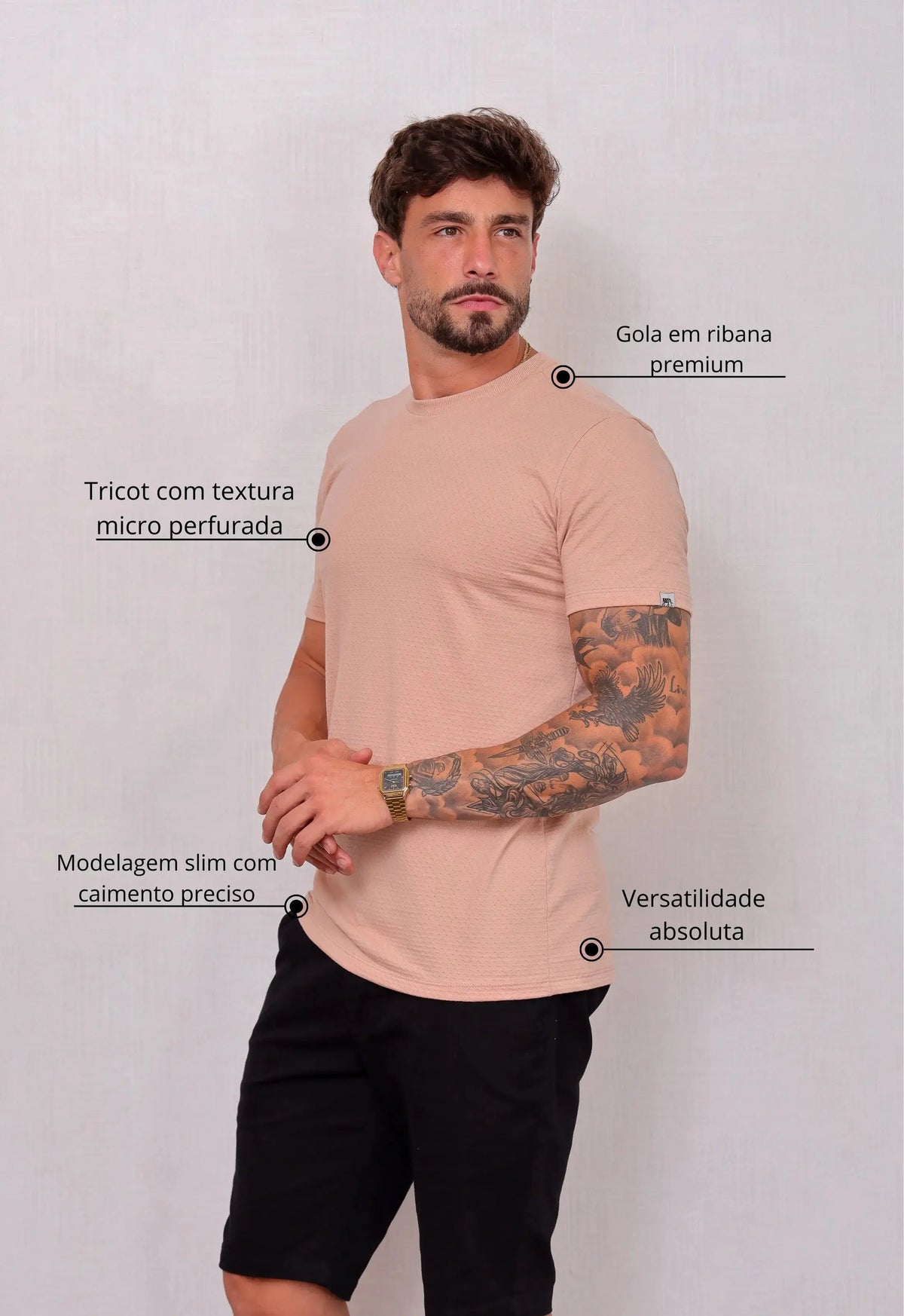 Camiseta Masculina Tricot Ponto Fino Bege | MAGNO
