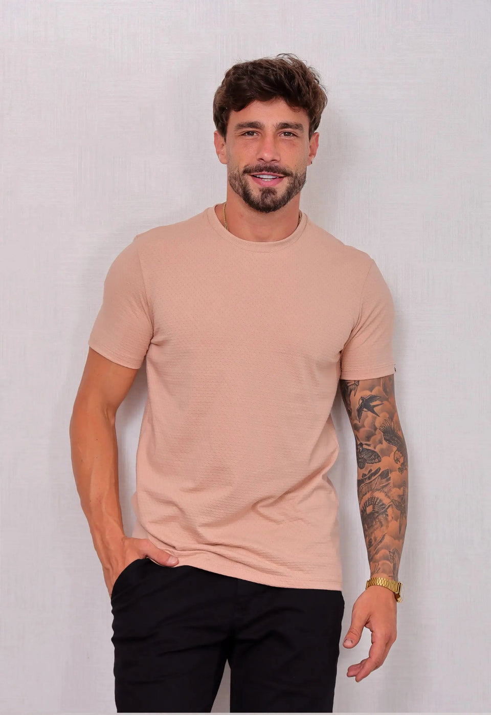 Camiseta Masculina Tricot Ponto Fino Bege | MAGNO