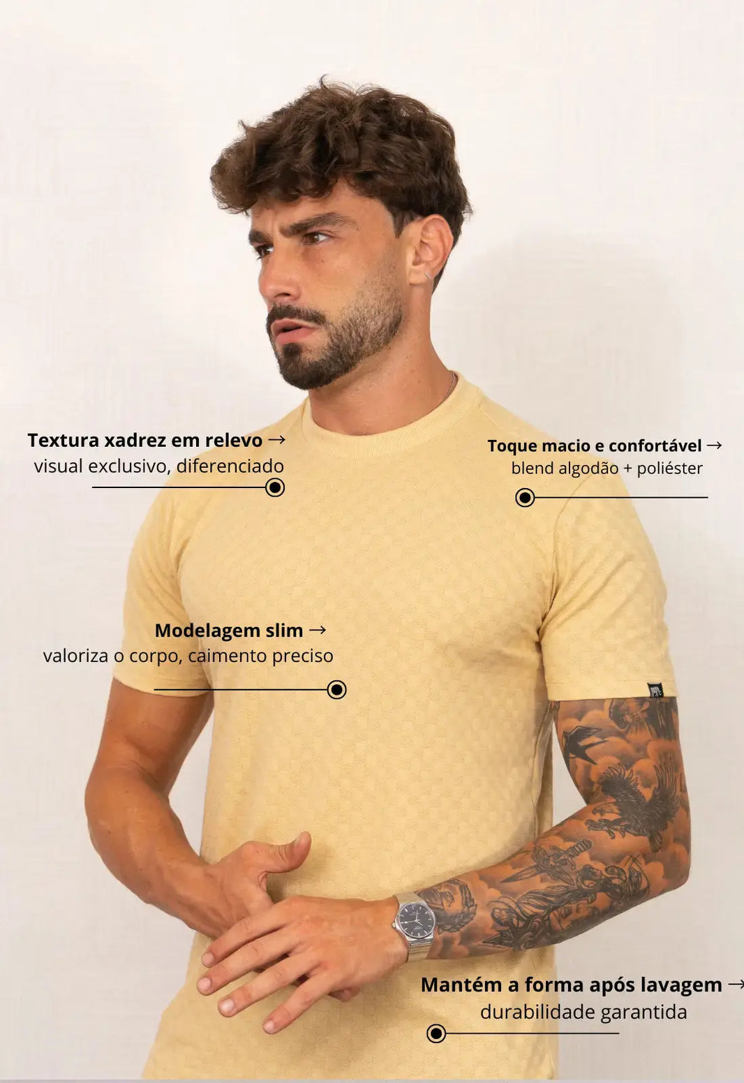 Camiseta Masculina Tricot Xadrez Bege | MAGNO