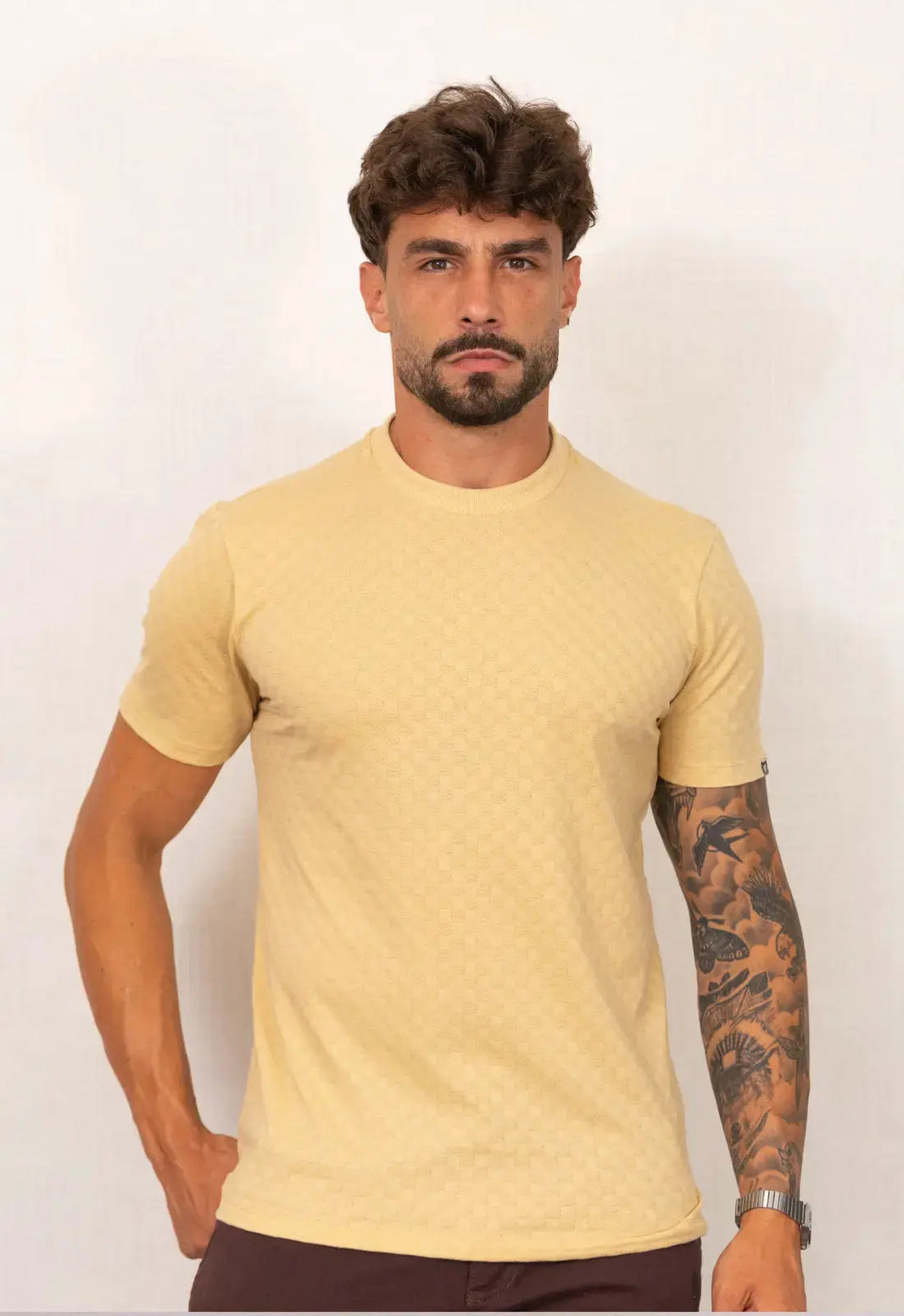 Camiseta Masculina Tricot Xadrez Bege | MAGNO