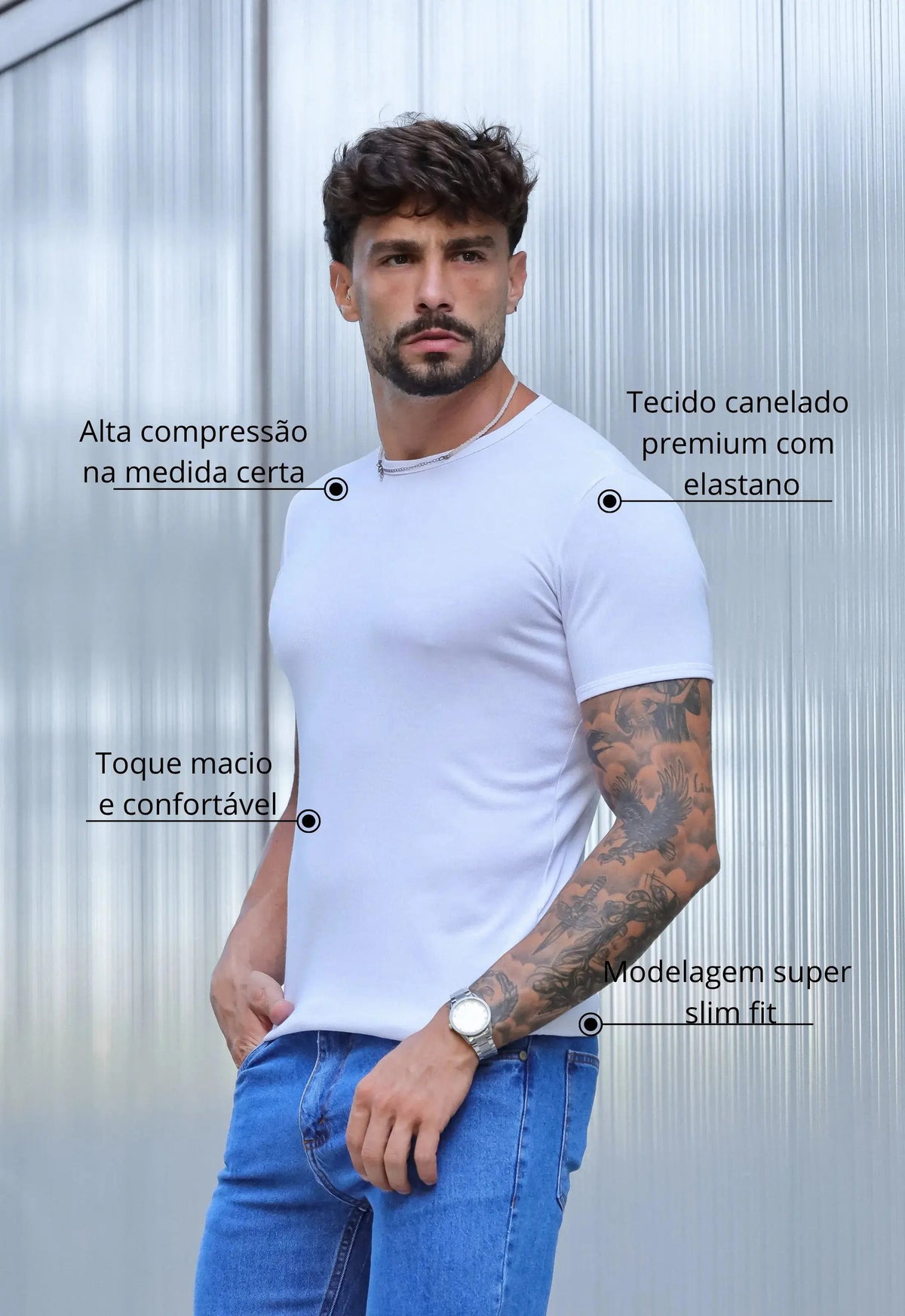Camiseta Slim Canelada com Elastano Branca | MAGNO