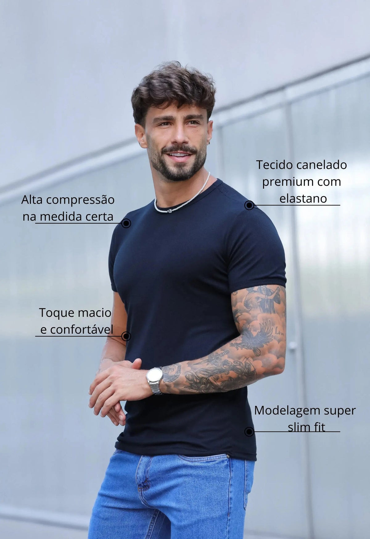 Camiseta Slim Canelada com Elastano Preto | MAGNO