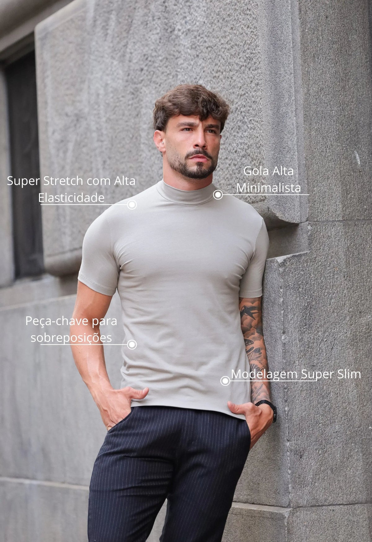 Camiseta Slim Gola Alta Cinza | MAGNO
