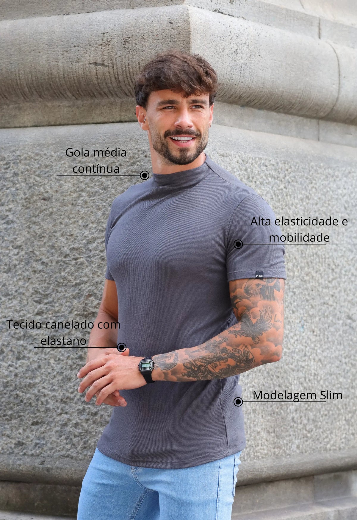Camiseta Slim Gola Média Cinza | MAGNO