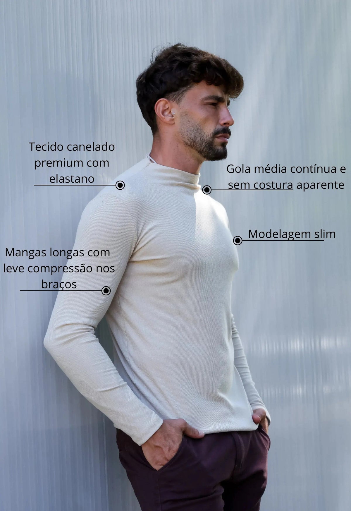 Camiseta Slim Manga Longa Gola Média Bege | MAGNO
