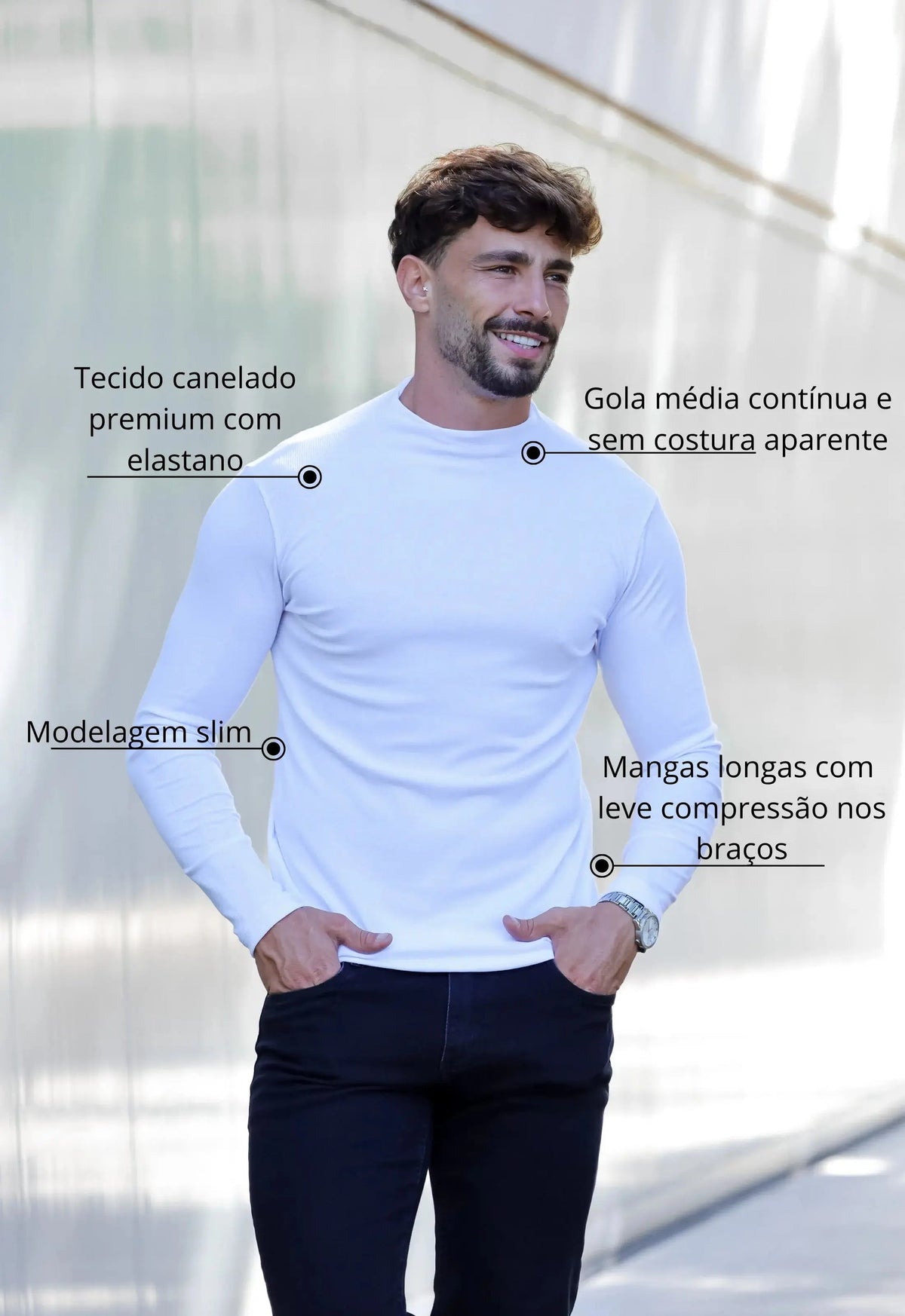 Camiseta Slim Manga Longa Gola Média Branca | MAGNO