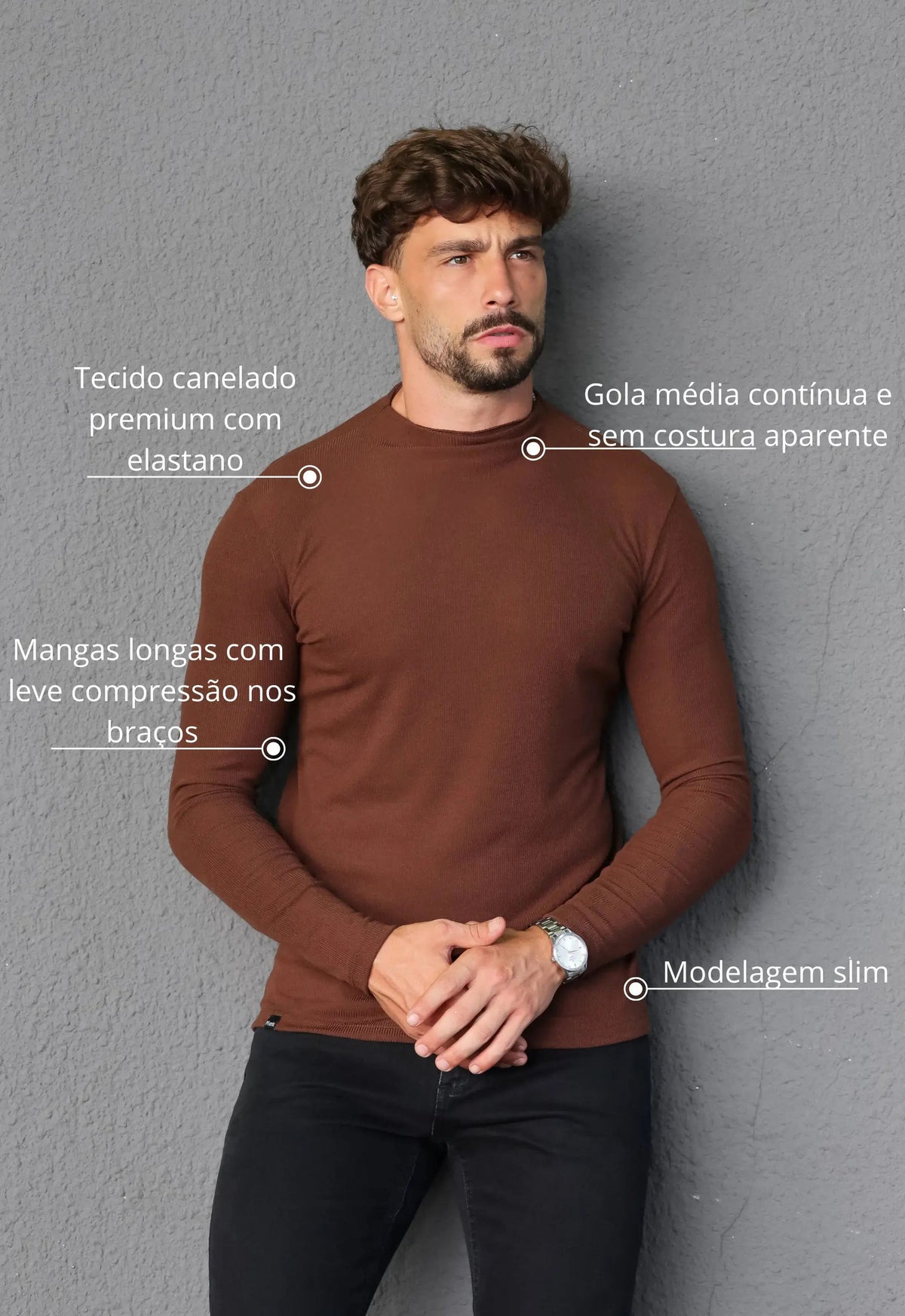 Camiseta Slim Manga Longa Gola Média Marrom | MAGNO