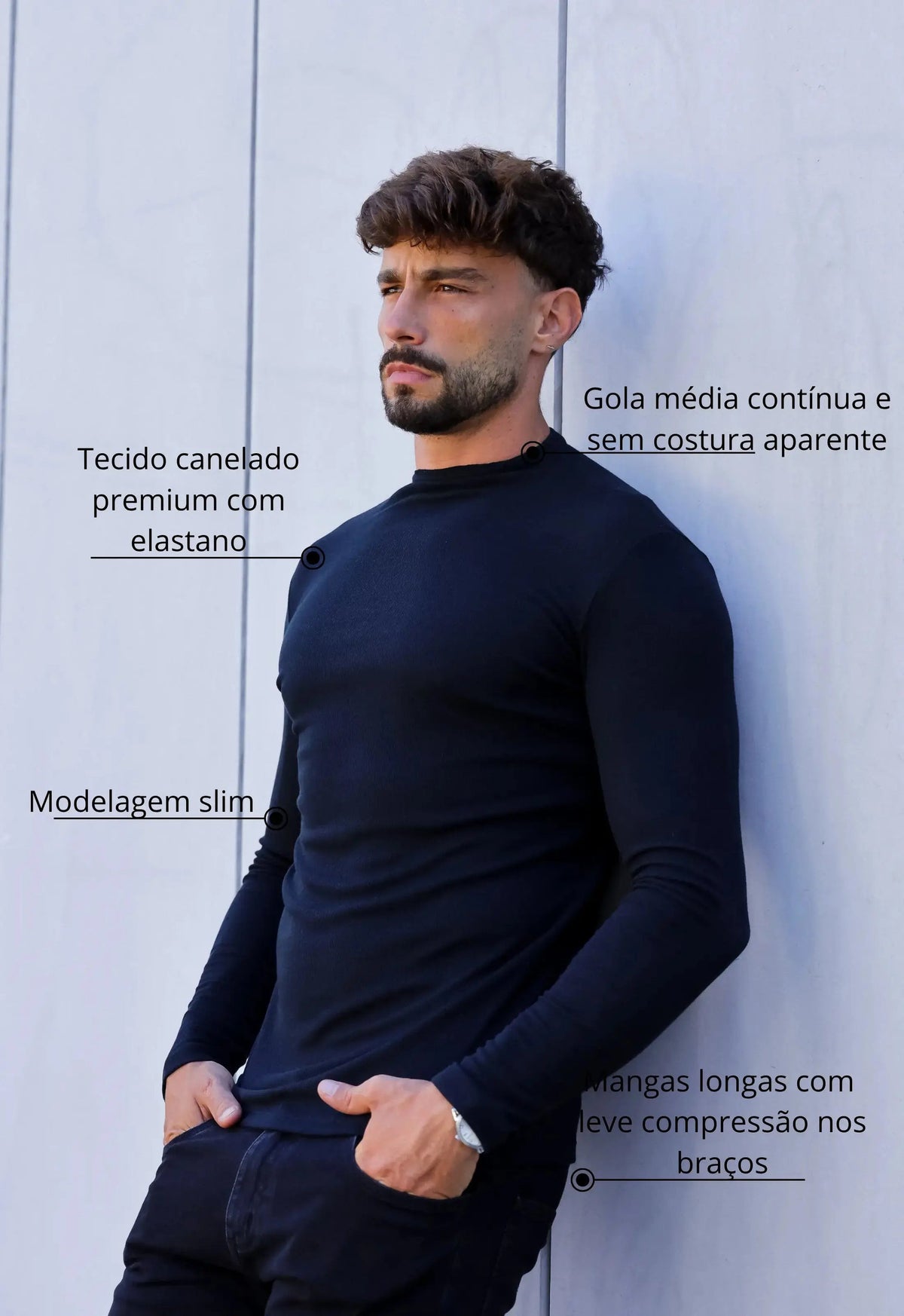 Camiseta Slim Manga Longa Gola Média Preto | MAGNO