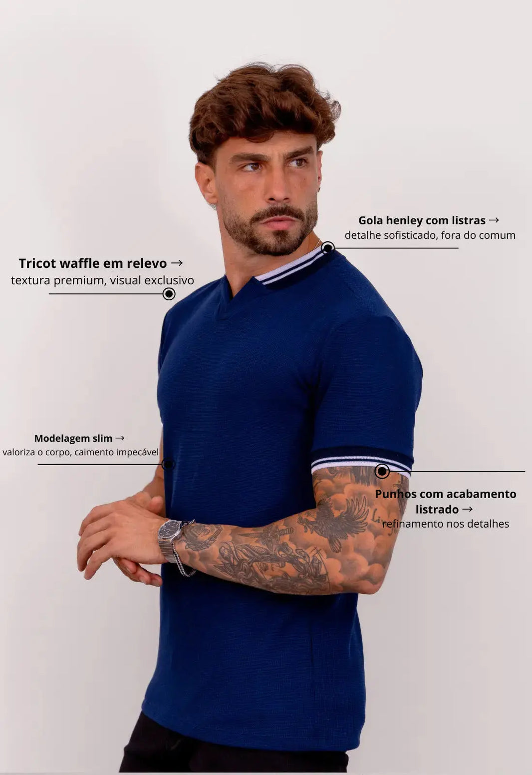 Camiseta Tricot Italiana Bicolor Azul Marinho | MAGNO
